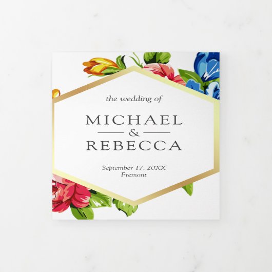 幾何鮮やかモダンフローラ結婚写真 三つ折り招待状 (カバー)