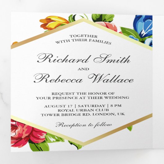 幾何鮮やかモダンフローラ結婚写真 三つ折り招待状 (内部最初)