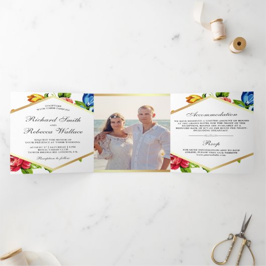 幾何鮮やかモダンフローラ結婚写真 三つ折り招待状 (内部)