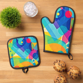 幾何鮮やか抽象芸術 鍋つかみ&鍋敷きセット