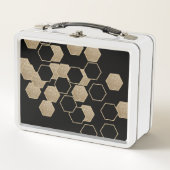 幾何黒スタイリッシュ色と金ゴールド六角パターン メタルランチボックス (正面)