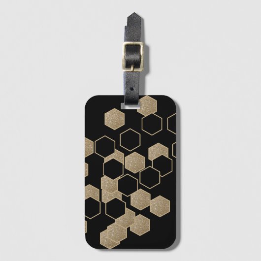 幾何黒スタイリッシュ色と金ゴールド六角パターン ラゲッジタグ (正面縦)