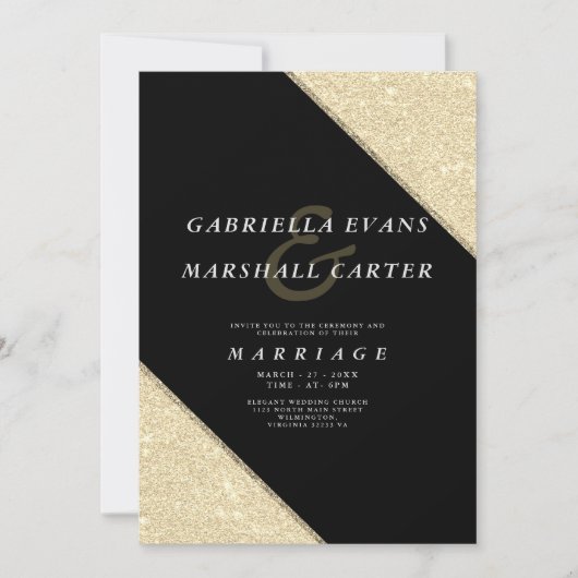 幾何黒金ゴールドアンパサンドグリッター結婚の 招待状 (正面)