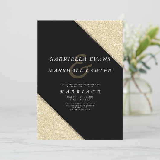 幾何黒金ゴールドアンパサンドグリッター結婚の 招待状 (スタンド正面)