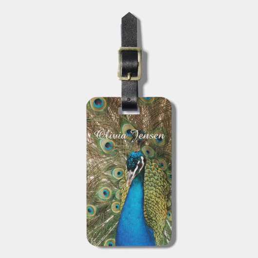 広げられた羽を持つ美しい孔雀の写真 ラゲッジタグ (正面縦)