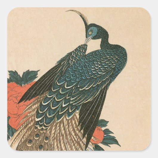 広重のクジャクとボタン スクエアシール (正面)