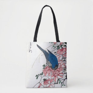 広重の浮世絵、青い鳥と薔薇 トートバッグ