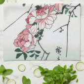 広重の浮世絵、青とバラと鳥 キッチンタオル (折り畳み)