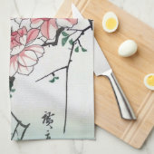 広重の浮世絵、青とバラと鳥 キッチンタオル (四つ折り)