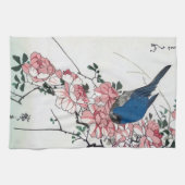 広重の浮世絵、青とバラと鳥 キッチンタオル (横)