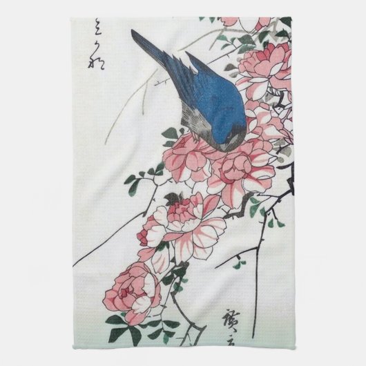 広重の浮世絵、青とバラと鳥 キッチンタオル (縦)