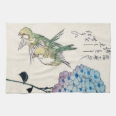 広重の紫陽花と緑の小鳥 キッチンタオル (横)