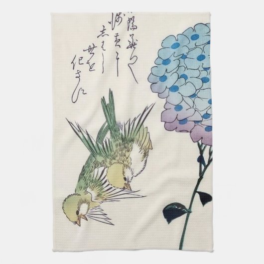 広重の紫陽花と緑の小鳥 キッチンタオル (縦)