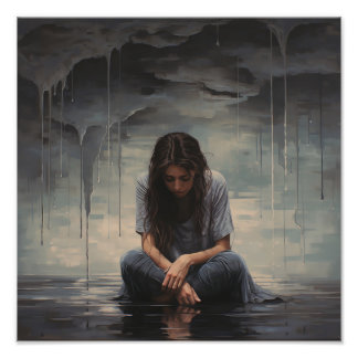 床に座っている悲しい女性 フォトプリント           