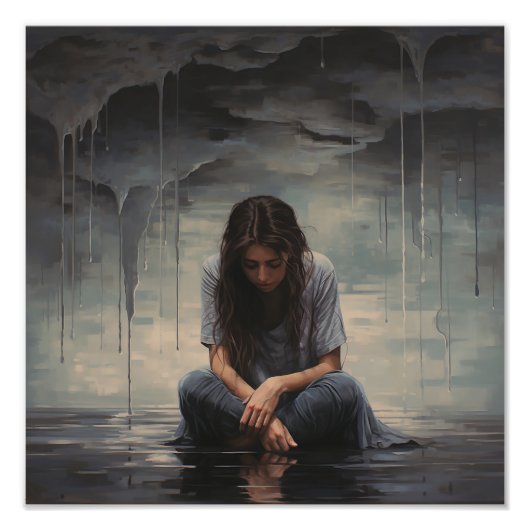 床に座っている悲しい女性 フォトプリント            (正面)