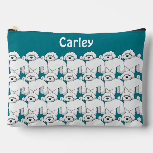 床の白い子犬のパタパーソナライズされたーン アクセサリーポーチ (正面)