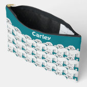 床の白い子犬のパタパーソナライズされたーン アクセサリーポーチ (見開き)