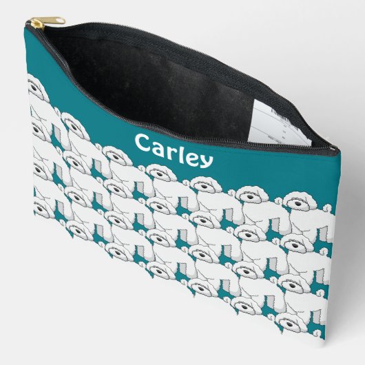 床の白い子犬のパタパーソナライズされたーン アクセサリーポーチ (見開き)