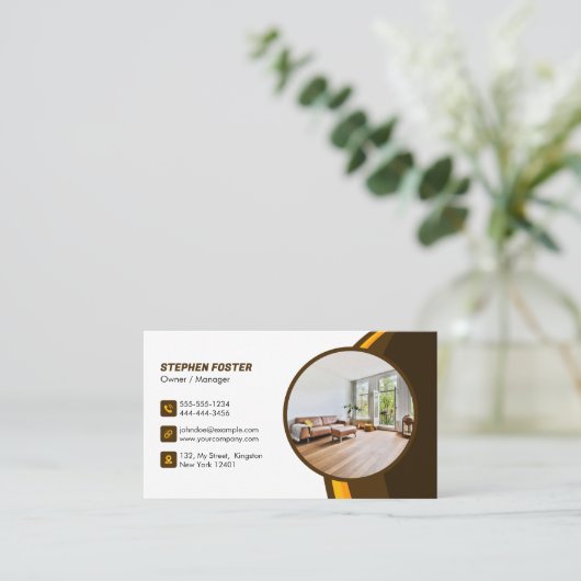 床下請負業者の木製床タイル茶色の黄色 名刺 (スタンド正面)