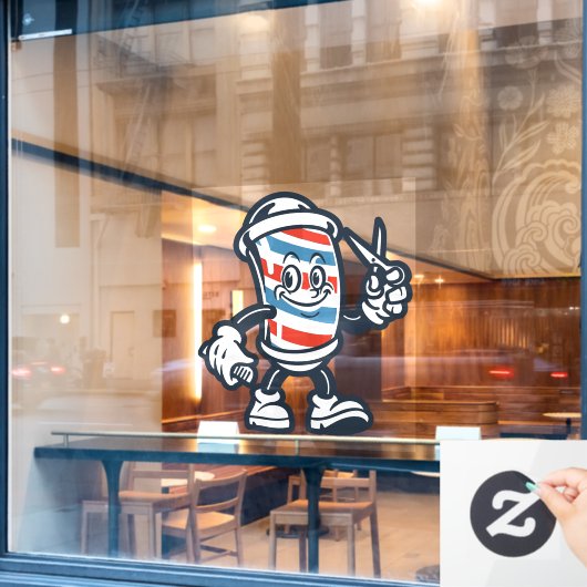 床屋のカートゥーン理容師ポールのキャラクター ウィンドウサイン (カフェ窓)