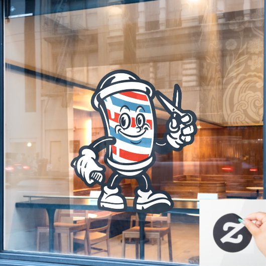 床屋のカートゥーン理容師ポールのキャラクター ウィンドウサイン (カフェ窓)