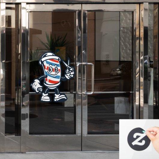 床屋のカートゥーン理容師ポールのキャラクター ウィンドウサイン (オフィスドア)