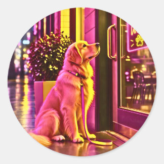店の前で飼い主を待つ犬 ラウンドシール