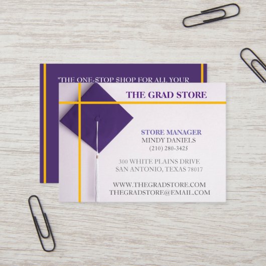 店舗販売店黄色と紫の卒業キャップ 名刺 (正面/裏面インサイチュ)