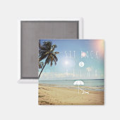 座って熱帯リラックスビーチにヤシの木 マグネット (正面/裏面)