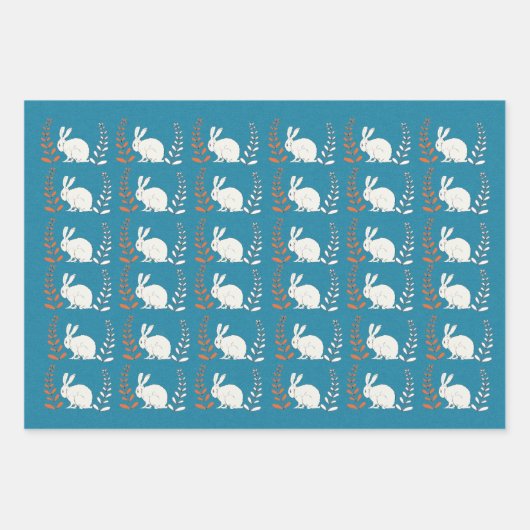 座っエレガントている白うさぎ花ダークブルー ラッピングペーパーシート (正面3)