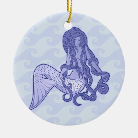 座る人魚 ブルー セラミックオーナメント (正面)