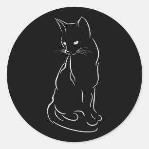 座る黒猫のシルエット 手でスケッチ ラウンドシール