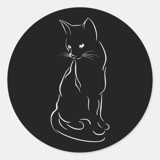 座る黒猫のシルエット |手でスケッチ ラウンドシール (正面)
