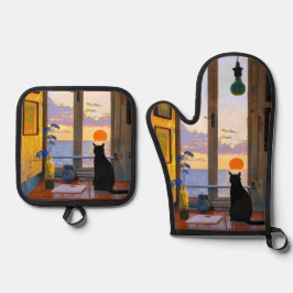 座る黒猫ヴィンテージ 鍋つかみ&鍋敷きセット