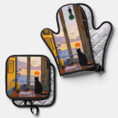 座る黒猫ヴィンテージ 鍋つかみ&鍋敷きセット (正面/裏面)