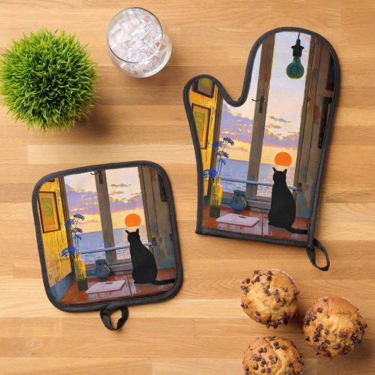 座る黒猫ヴィンテージ 鍋つかみ&鍋敷きセット (トップダウン)