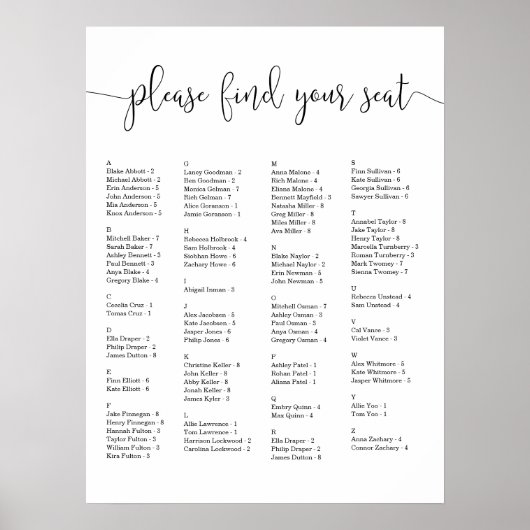 座席のアルファベット順の座席表を見つけなさい ポスター (正面)