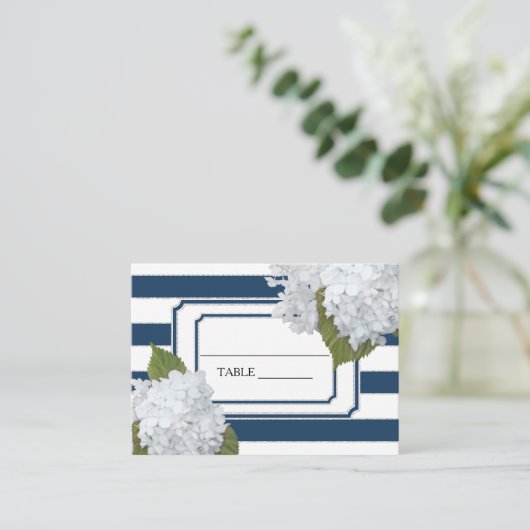 座席表アールデコネイビーストライプのホワイトアジサイ 名刺 (スタンド正面)