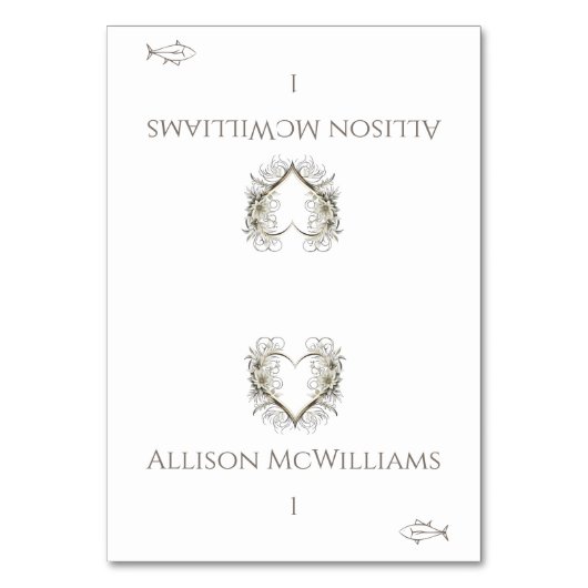 座席表結婚 – 魚のアイコン – 花とハート テーブルナンバー (正面)