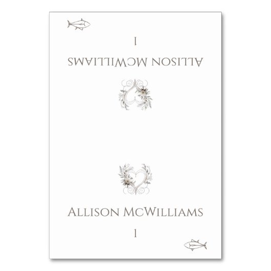 座席表結婚 – 魚のアイコン – 花とハート テーブルナンバー (正面)