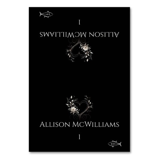 座席表結婚 – 魚のアイコン – 花とハート テーブルナンバー (正面)