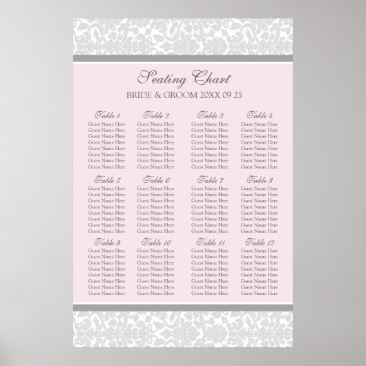 座席表12表96人のゲストPink Gray Damask ポスター (正面)