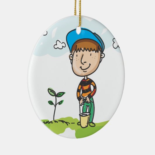 庭いじりをしている男の子植林 セラミックオーナメント (右)