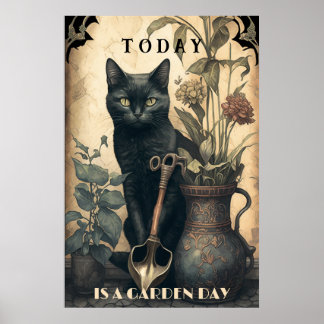 庭おもしろいの可愛い黒猫 ポスター