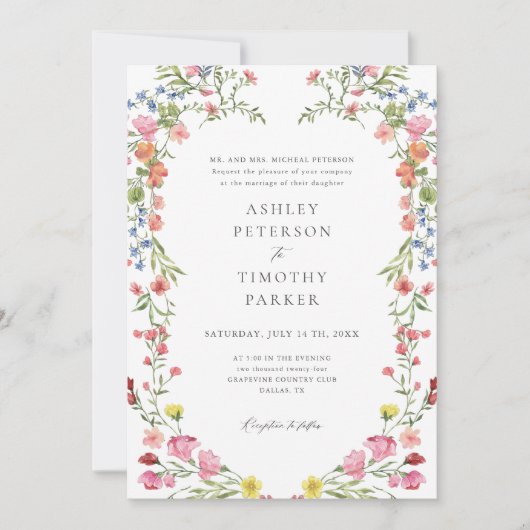 庭お洒落野花結婚のQRコード 招待状 (正面)