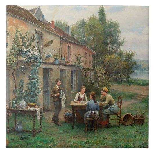 庭でコーヒーを飲む(フランスの風景) タイル (正面)