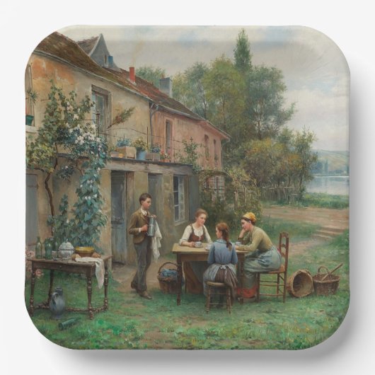 庭でコーヒーを飲む(フランスの風景) ペーパープレート (正面)