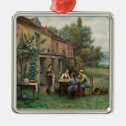 庭でコーヒーを飲む(フランスの風景) メタルオーナメント (正面)