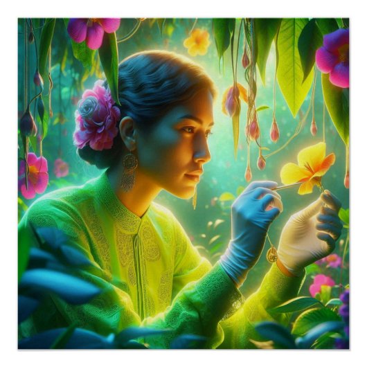 庭で仕事をする女性植物学者 ポスター (正面)