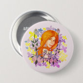 庭で可愛い赤毛の少女。水彩画 缶バッジ (正面&裏面)